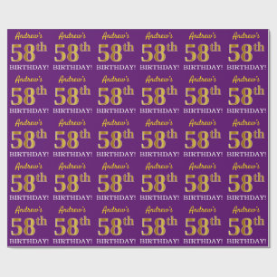 Papel De Regalo Oro morado, imitación "58 cumpleaños"