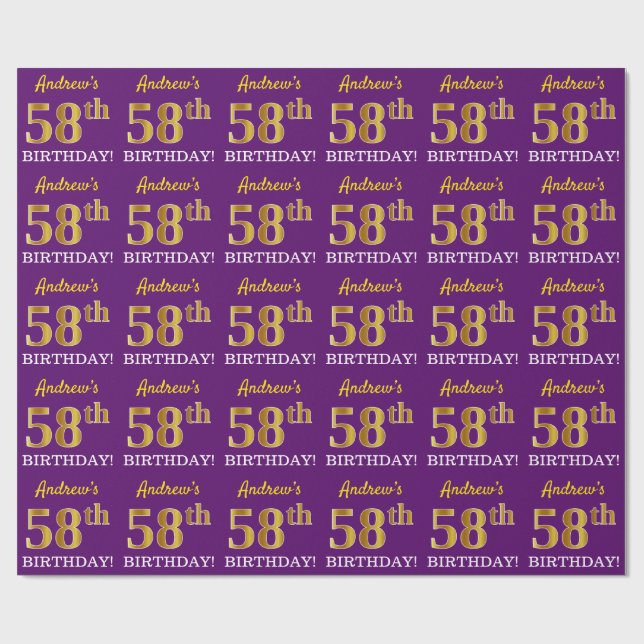 Papel De Regalo Oro morado, imitación "58 cumpleaños" (Superficie plana)