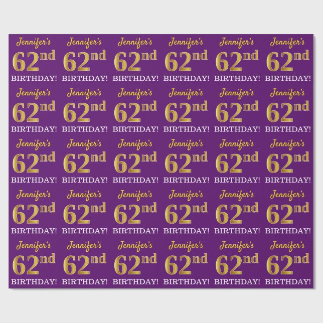 Papel De Regalo Oro morado, imitación "62° cumpleaños" (Superficie plana)