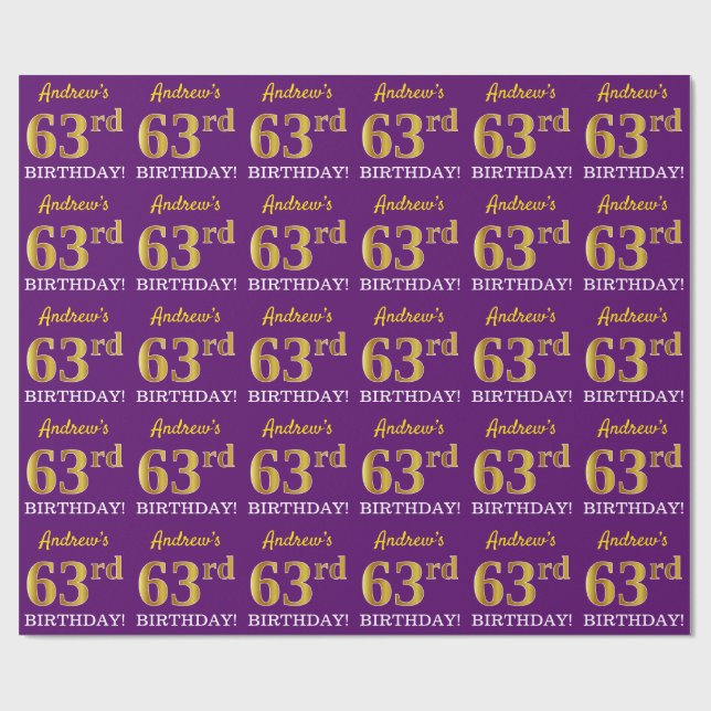 Papel De Regalo Oro morado, imitación "63 cumpleaños" (Superficie plana)
