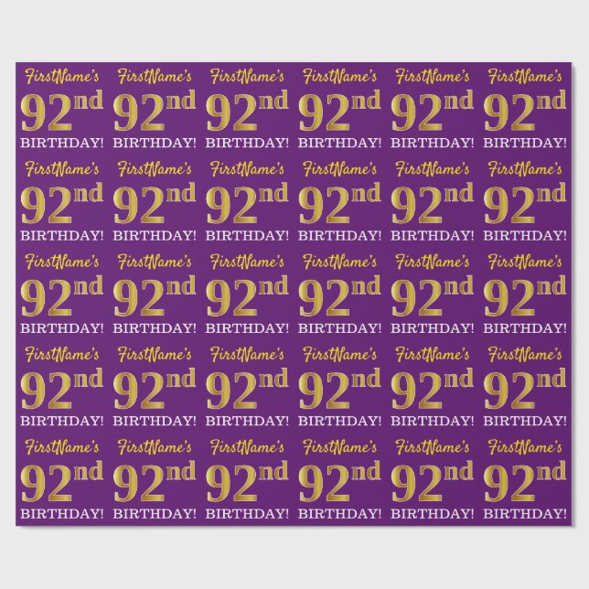 Papel De Regalo Oro morado, imitación "92º CUMPLEAÑOS" (Superficie plana)