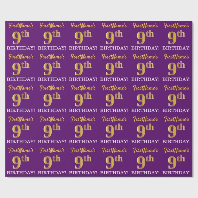 Papel De Regalo Oro morado, imitación "Noveno cumpleaños" (Superficie plana)