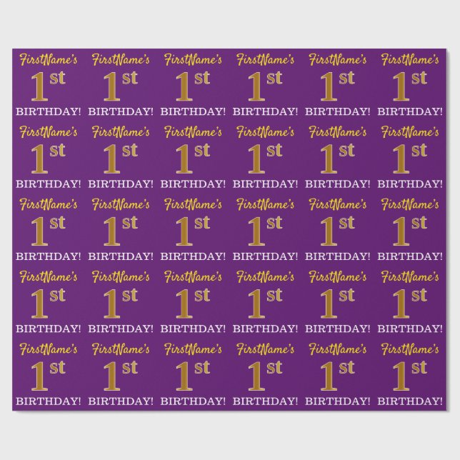 Papel De Regalo Oro morado, imitación "primer cumpleaños" (Superficie plana)