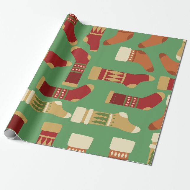 Papel De Regalo Oro navidades, rojo, zócalos verdes (Desenrollado)