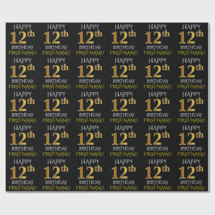 Papel De Regalo Oro negro, falso "12mo CUMPLEAÑOS FELIZ "
