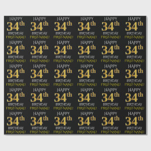 Papel De Regalo Oro negro, falso "34to CUMPLEAÑOS FELIZ "