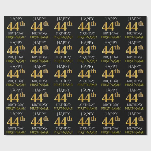 Papel De Regalo Oro negro, falso "44.o CUMPLEAÑOS FELIZ " (Superficie plana)
