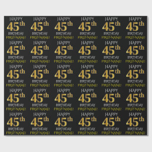 Papel De Regalo Oro negro, falso "45.o CUMPLEAÑOS FELIZ "