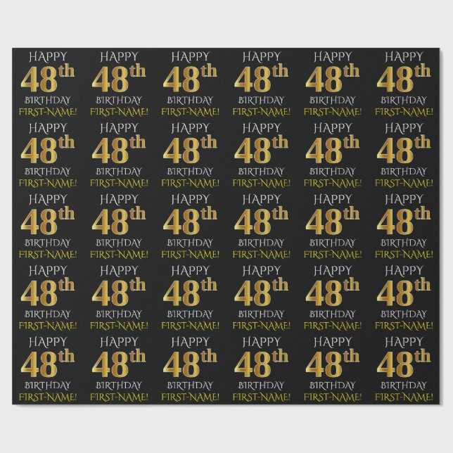 Papel De Regalo Oro negro, falso "48.o CUMPLEAÑOS FELIZ " (Superficie plana)