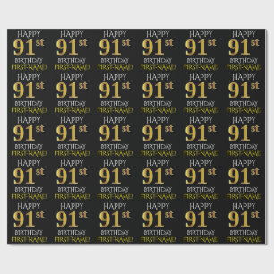 Papel De Regalo Oro negro, falso "91.o CUMPLEAÑOS FELIZ "