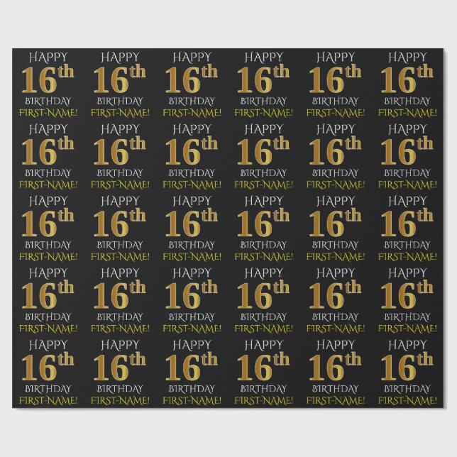 Papel De Regalo Oro negro, falso "FELIZ 16º CUMPLEAÑOS" (Superficie plana)