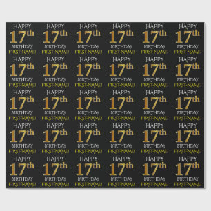 Papel De Regalo Oro negro, falso "FELIZ 17º CUMPLEAÑOS"