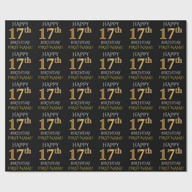 Papel De Regalo Oro negro, falso "FELIZ 17º CUMPLEAÑOS" (Superficie plana)