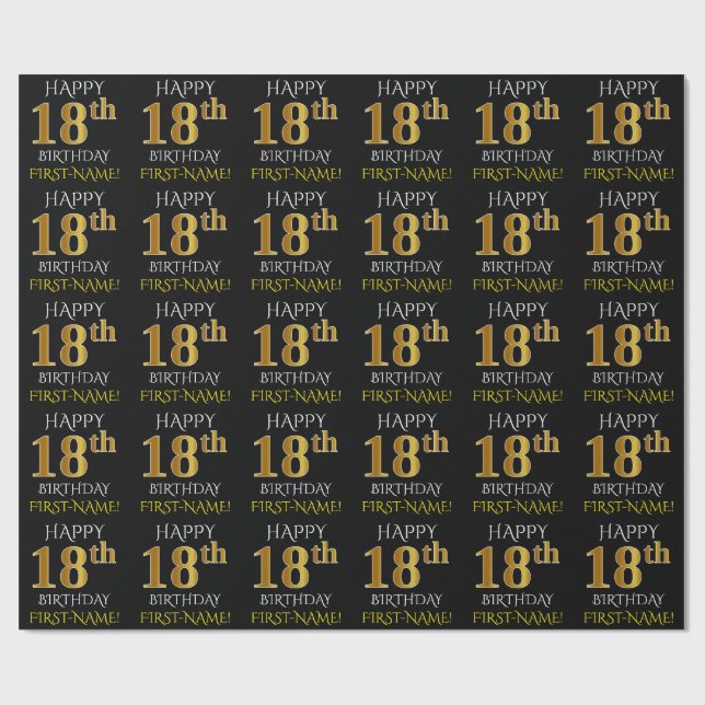 Papel De Regalo Oro negro, falso "FELIZ 18º CUMPLEAÑOS" (Superficie plana)