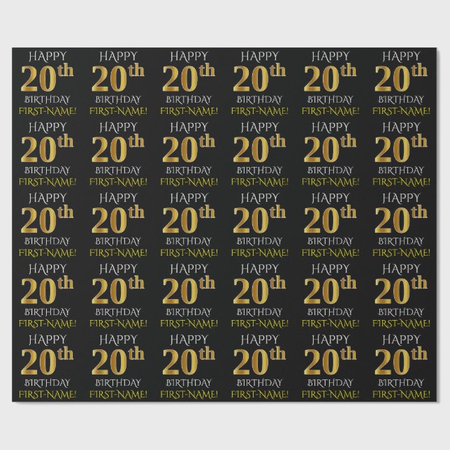 Papel De Regalo Oro negro, falso "FELIZ 20º CUMPLEAÑOS" (Superficie plana)