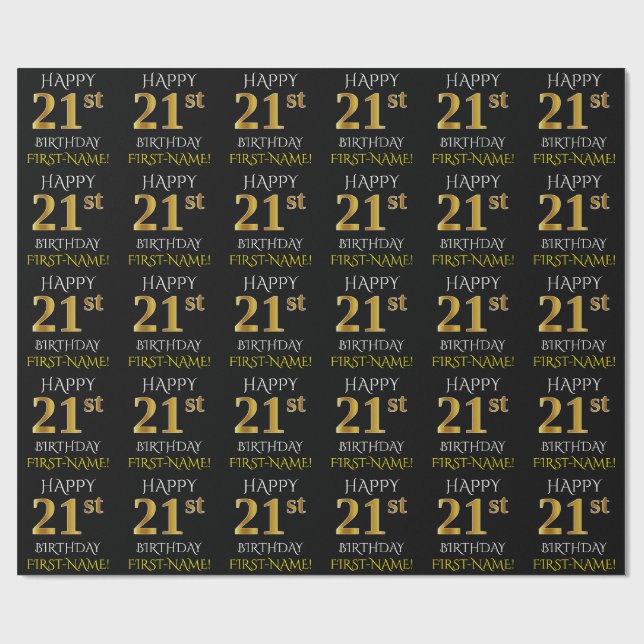 Papel De Regalo Oro negro, falso "FELIZ 21º CUMPLEAÑOS" (Superficie plana)