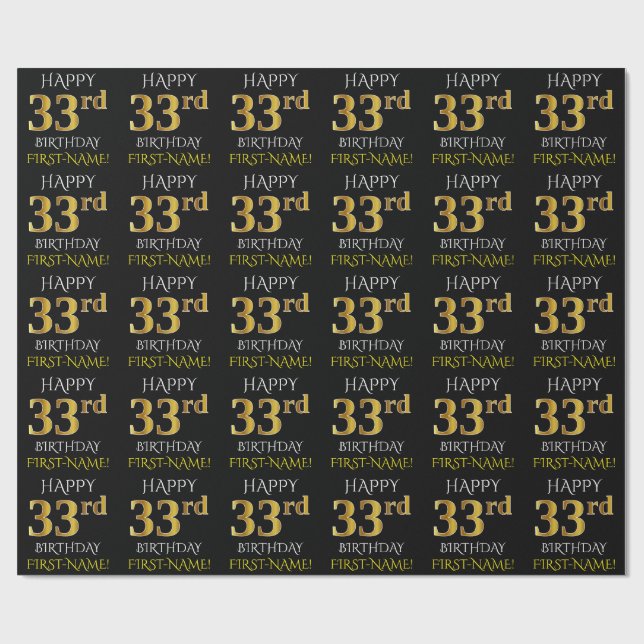 Papel De Regalo Oro negro, falso "FELIZ 33 cumpleaños" (Superficie plana)