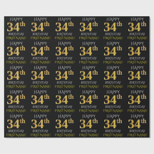 Papel De Regalo Oro negro, falso "FELIZ 34 cumpleaños" (Superficie plana)
