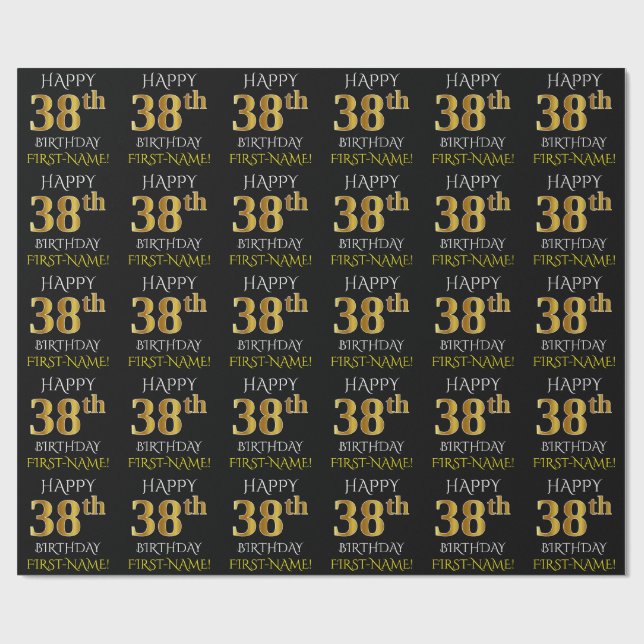 Papel De Regalo Oro negro, falso "FELIZ 38º CUMPLEAÑOS" (Superficie plana)