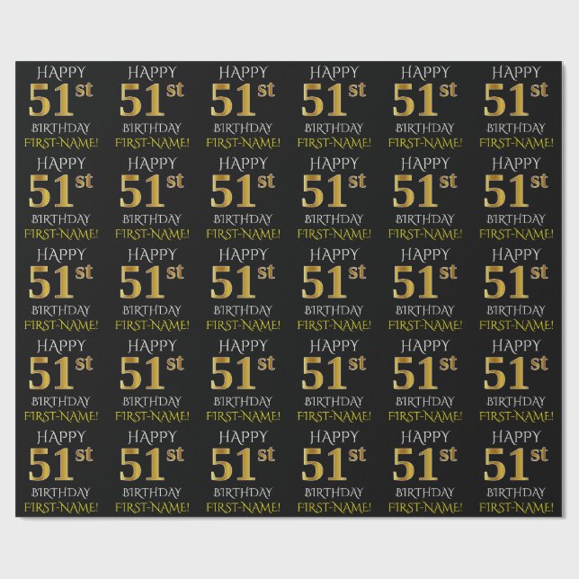 Papel De Regalo Oro negro, falso "FELIZ 51 cumpleaños" (Superficie plana)