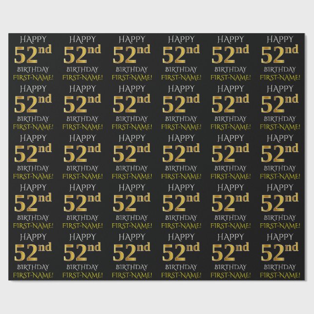 Papel De Regalo Oro negro, falso "FELIZ 52 cumpleaños" (Superficie plana)