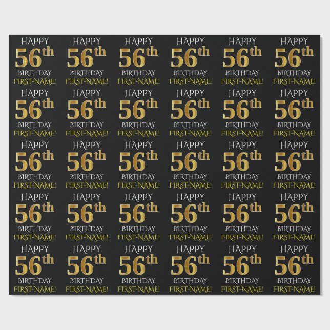 Papel De Regalo Oro negro, falso "FELIZ 56 cumpleaños" (Superficie plana)