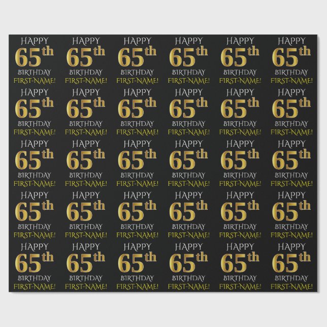Papel De Regalo Oro negro, falso "FELIZ 65º CUMPLEAÑOS" (Superficie plana)