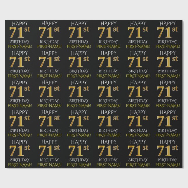 Papel De Regalo Oro negro, falso "FELIZ 71 cumpleaños" (Superficie plana)