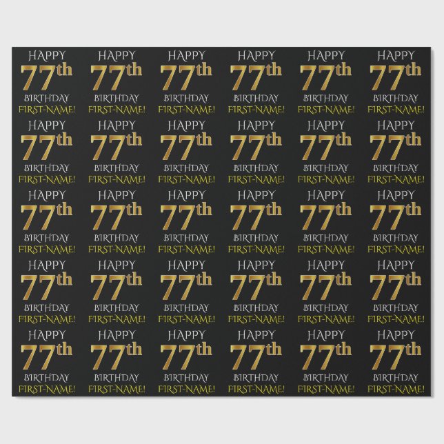 Papel De Regalo Oro negro, falso "FELIZ 77º CUMPLEAÑOS" (Superficie plana)