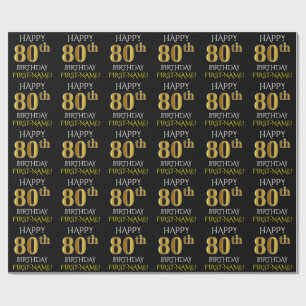 Papel De Regalo Oro negro, falso "FELIZ 80 cumpleaños"
