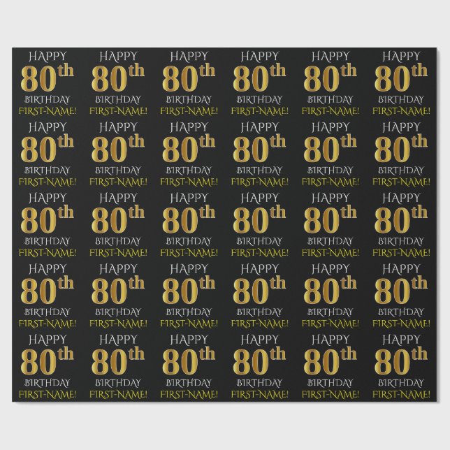 Papel De Regalo Oro negro, falso "FELIZ 80 cumpleaños" (Superficie plana)