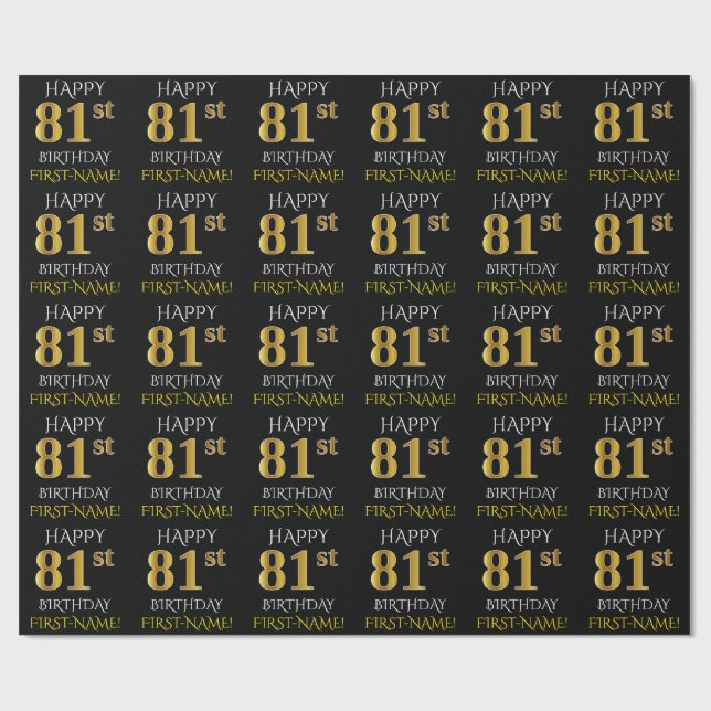 Papel De Regalo Oro negro, falso "FELIZ 81º CUMPLEAÑOS" (Superficie plana)