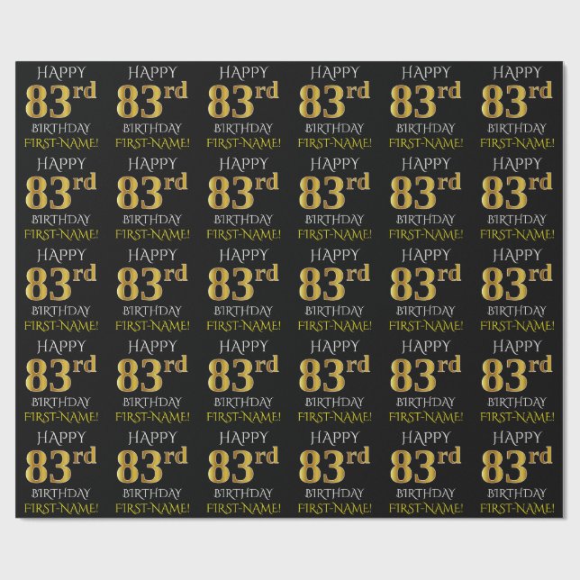 Papel De Regalo Oro negro, falso "FELIZ 83 cumpleaños" (Superficie plana)