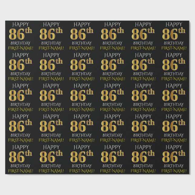 Papel De Regalo Oro negro, falso "FELIZ 86º CUMPLEAÑOS" (Superficie plana)