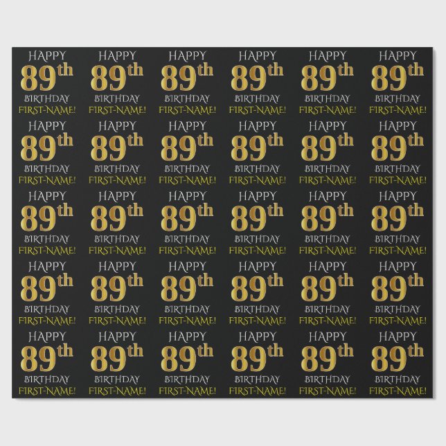 Papel De Regalo Oro negro, falso "FELIZ 89º CUMPLEAÑOS" (Superficie plana)