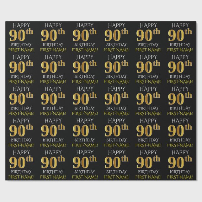 Papel De Regalo Oro negro, falso "FELIZ 90 cumpleaños" (Superficie plana)