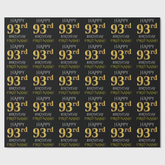 Papel De Regalo Oro negro, falso "FELIZ 93 cumpleaños" (Superficie plana)