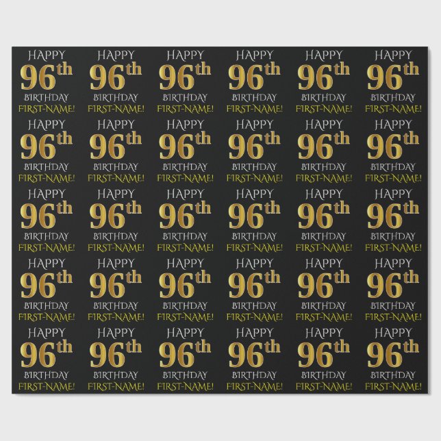 Papel De Regalo Oro negro, falso "FELIZ 96 cumpleaños" (Superficie plana)