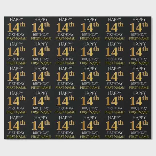 Papel De Regalo Oro negro, falso "FELIZ CUMPLEAÑOS 14" (Superficie plana)