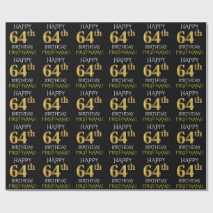 Papel De Regalo Oro negro, falso "FELIZ CUMPLEAÑOS 64"