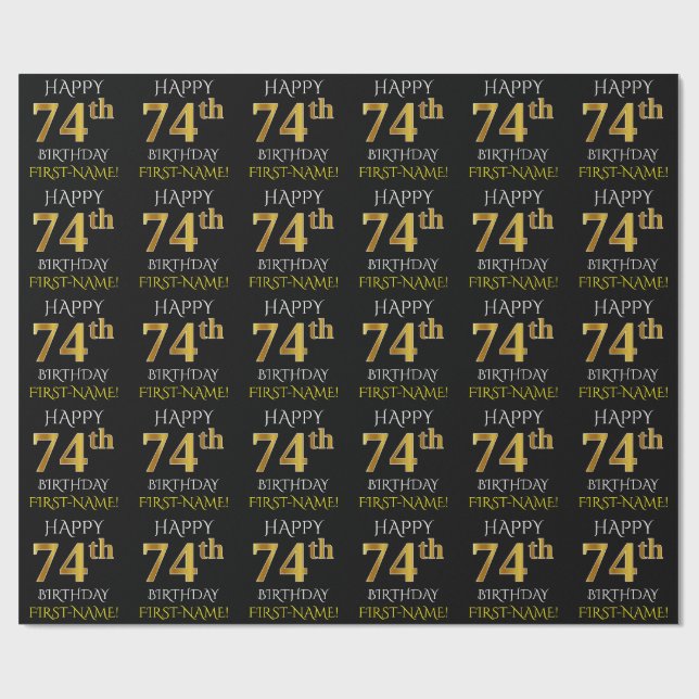 Papel De Regalo Oro negro, falso "FELIZ CUMPLEAÑOS 74" (Superficie plana)