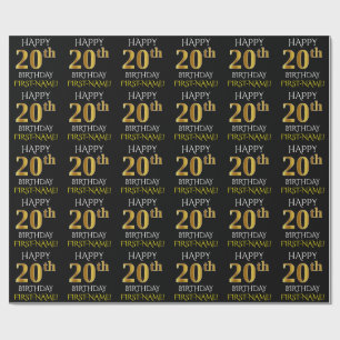 Papel De Regalo Oro negro, falso "vigésimo CUMPLEAÑOS FELIZ "