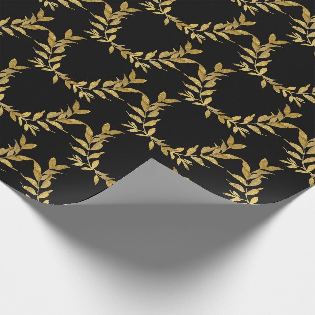 Papel De Regalo Oro Negro Hojas Monograma Elegante Boda Chic (Esquina)