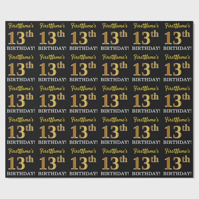 Papel De Regalo Oro negro, imitación "13 cumpleaños" (Superficie plana)
