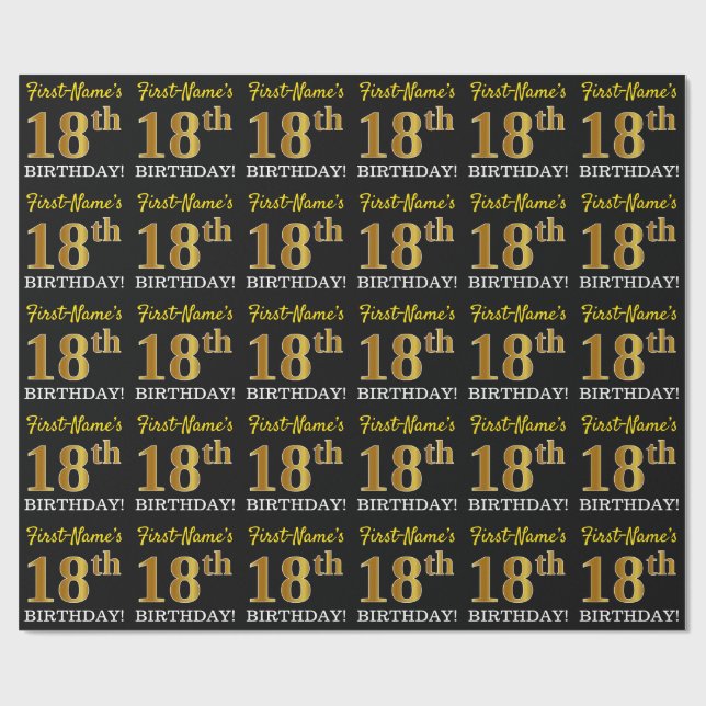Papel De Regalo Oro negro, imitación "18 cumpleaños" (Superficie plana)