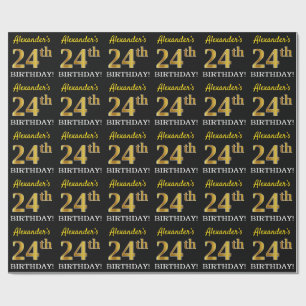 Papel De Regalo Oro negro, imitación "24º CUMPLEAÑOS"