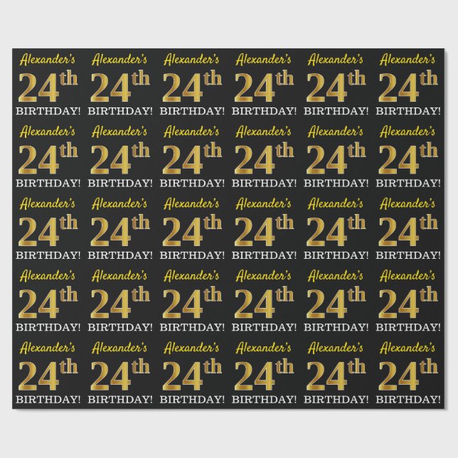 Papel De Regalo Oro negro, imitación "24º CUMPLEAÑOS" (Superficie plana)