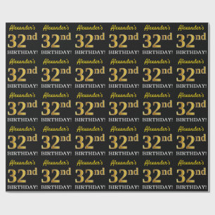 Papel De Regalo Oro negro, imitación "32 cumpleaños"