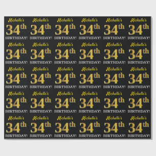 Papel De Regalo Oro negro, imitación "34 cumpleaños"