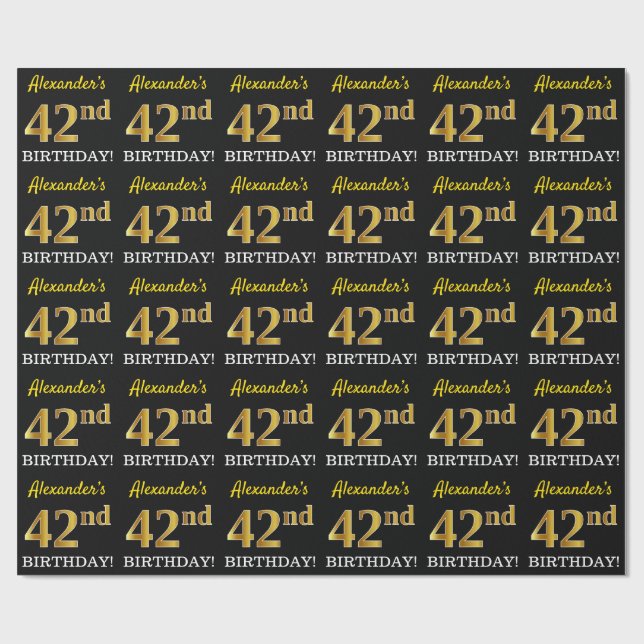 Papel De Regalo Oro negro, imitación "42º CUMPLEAÑOS" (Superficie plana)